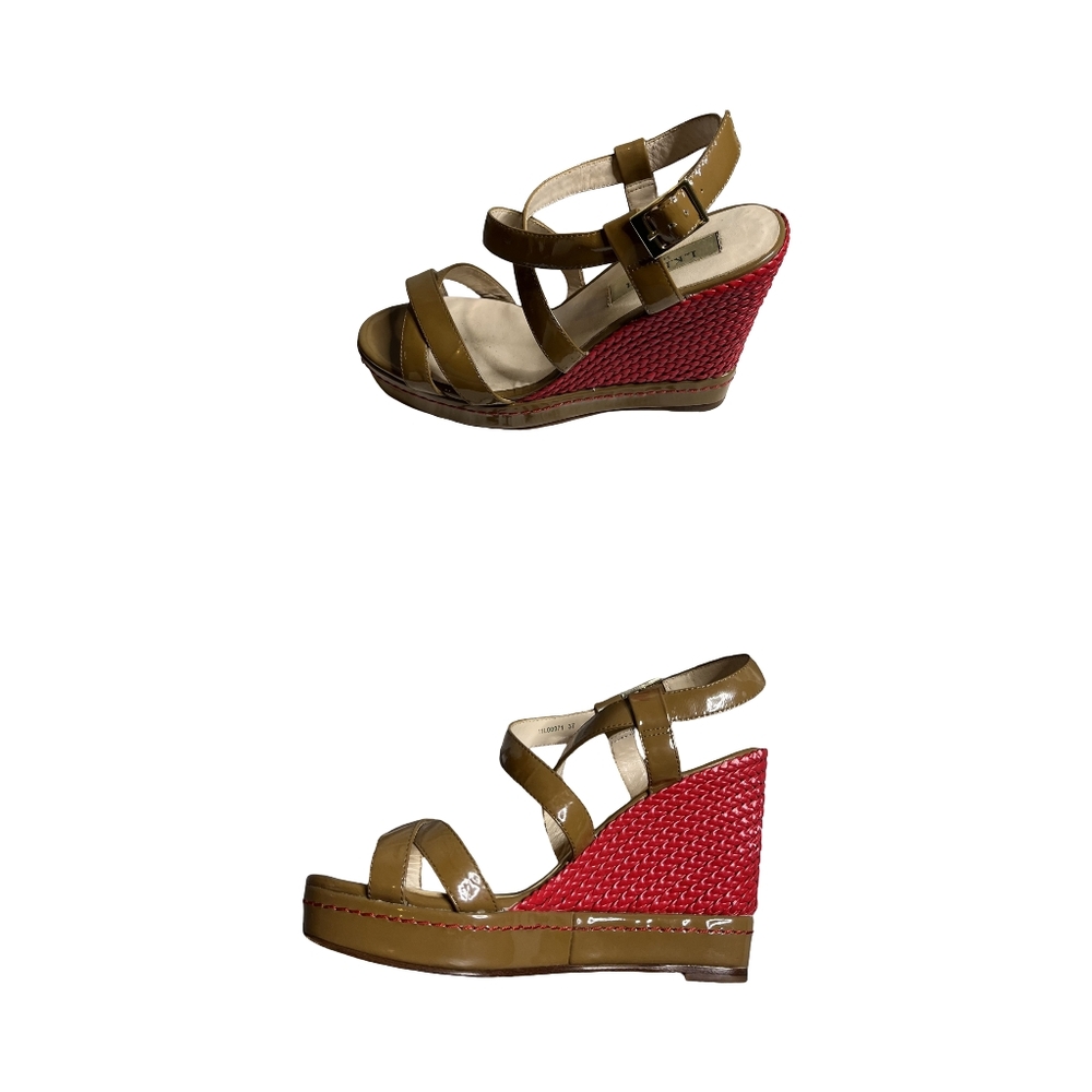 L.K‎ Bennett Patent Leather Red and Brown Wedge Sandals Size: 37